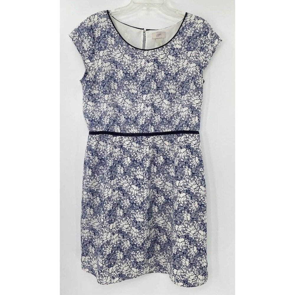 Ann Taylor Loft Floral Dress Blue‎ Cream Ivory Beige Size 12